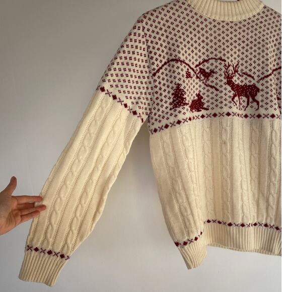 Vintage 70s JANTZEN Wool Deer Sweater / Sz L / Landscape Retro Holidays Ski - Picture 5 of 9
